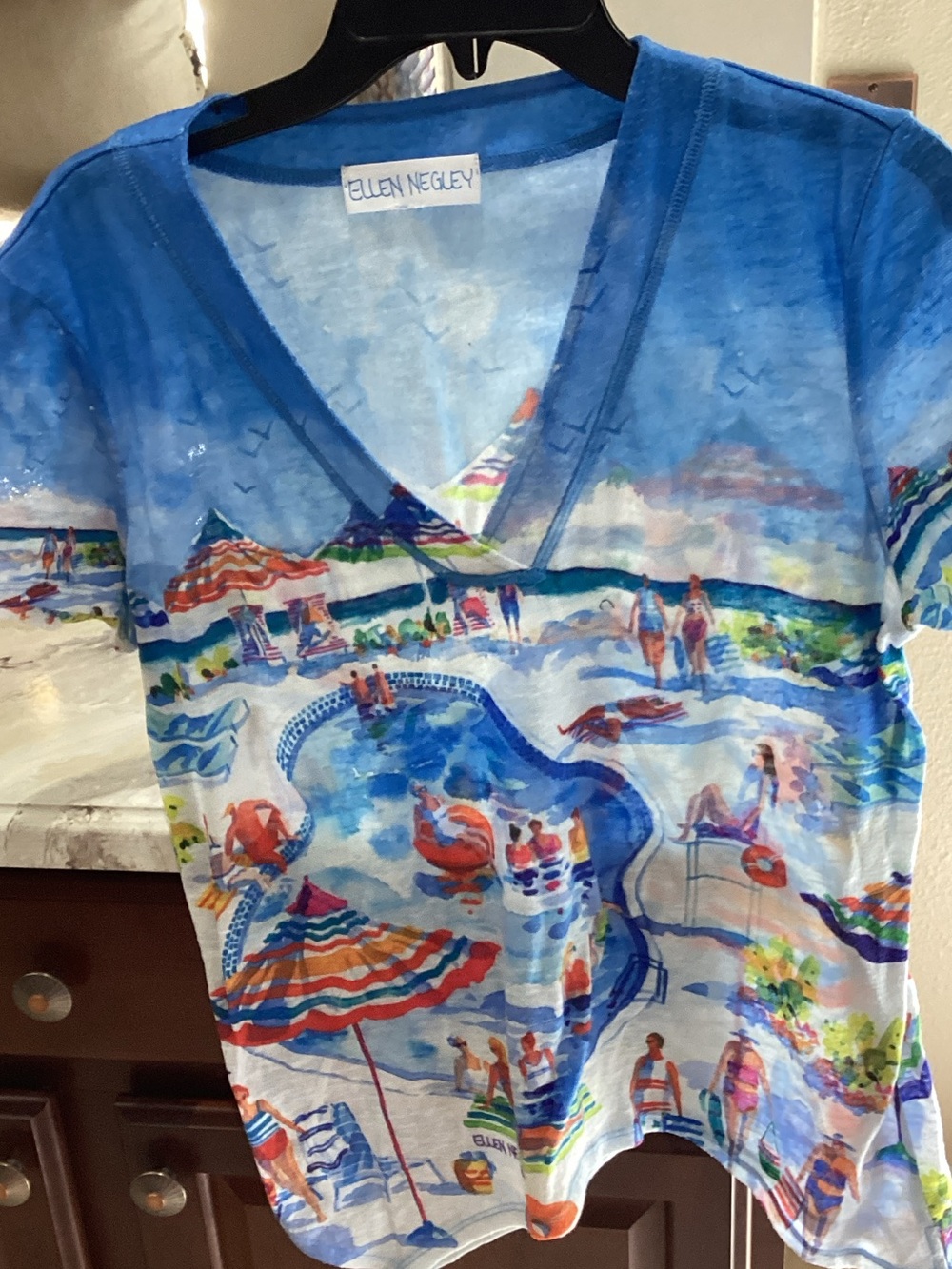Ellen Negley Blue V-Neck Tee with Colorful Beach Print